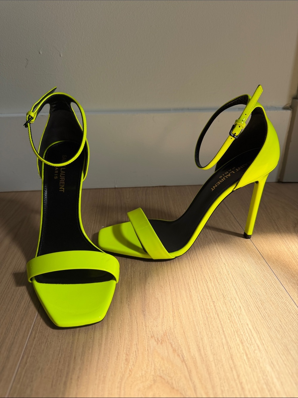 Saint Laurent Neon Yellow Ankle-Strap Stilettos